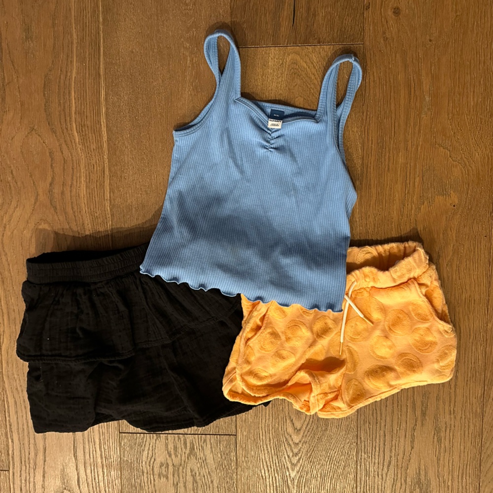 Gap & Old Navy Set Blue Tank Top, Black Skort & Orange Shorts Set